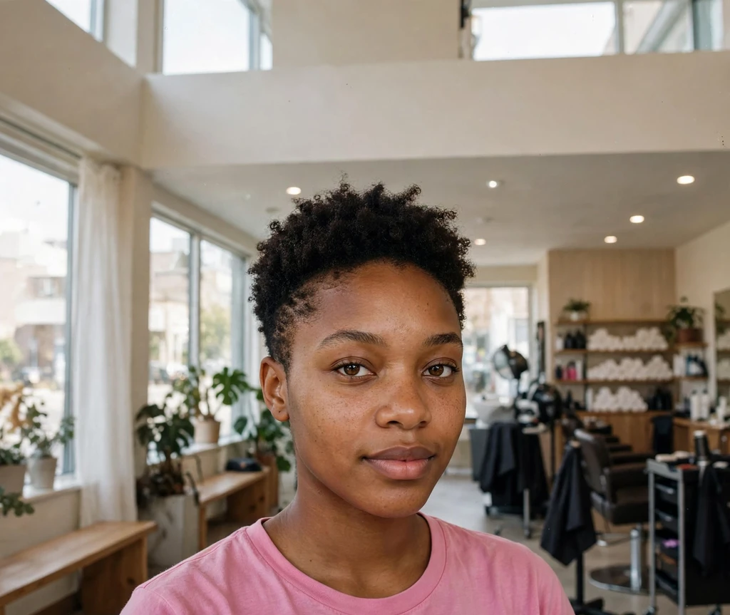 Black woman with tapered sides and a curly textured top afro
