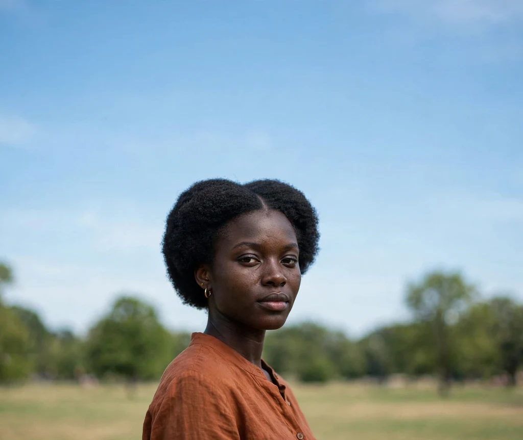 Black woman with a short afro parted down the middle