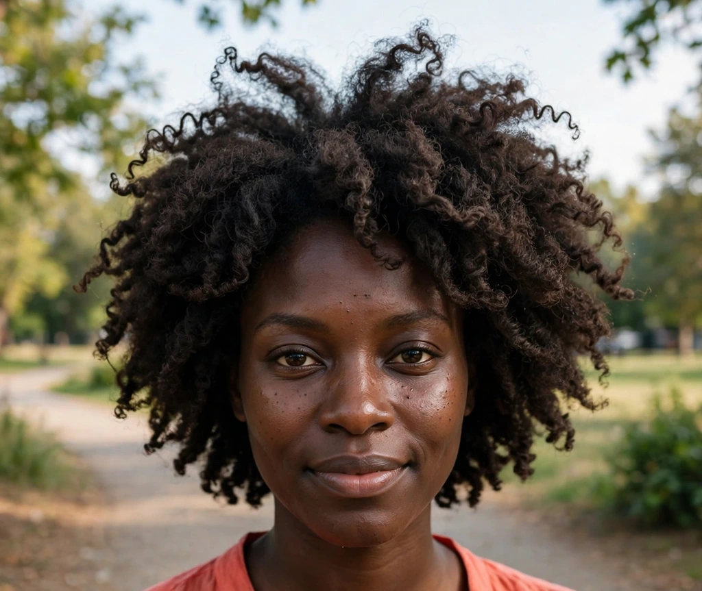 Black woman with a layered short afro, shaped silhouette with movement