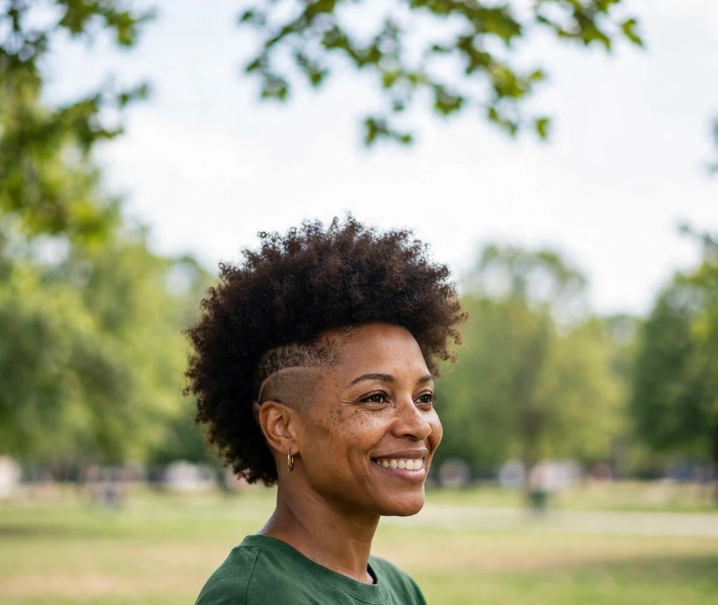 Black woman with an undercut short afro, shaved nape under full coils
