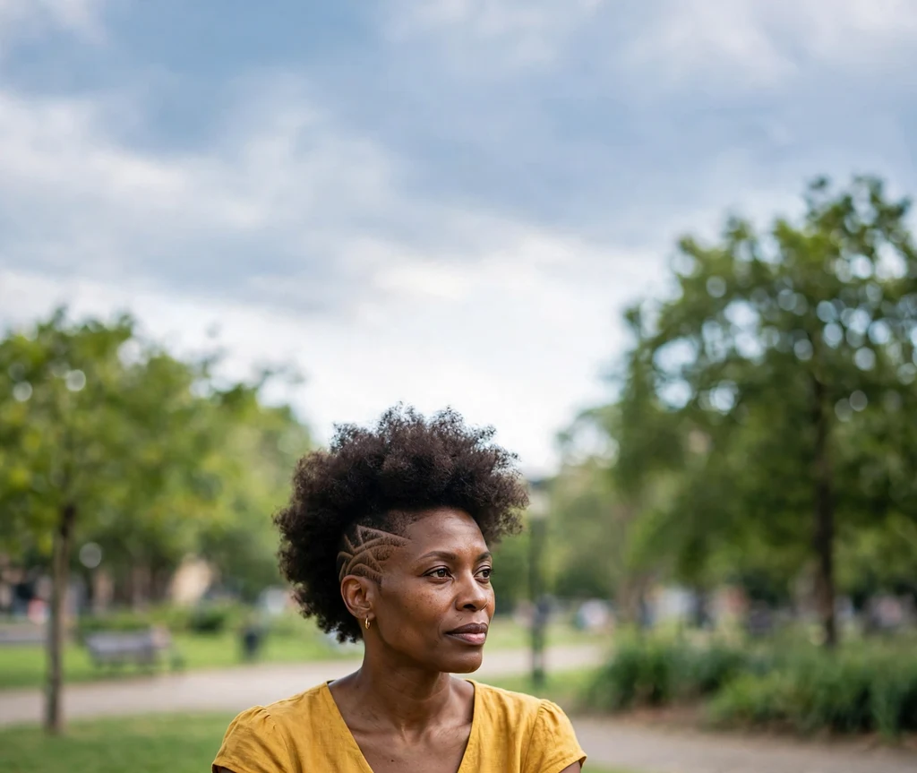 Black woman with a short afro and shaved line designs on the sides