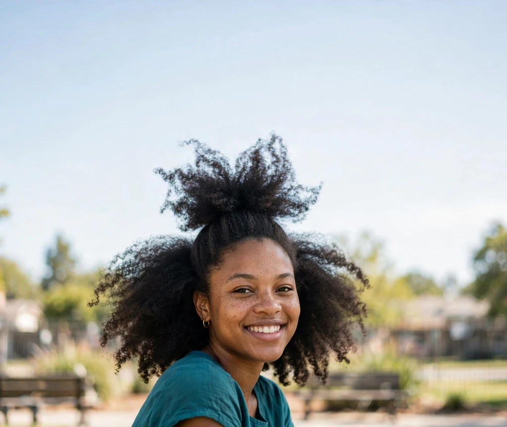 Black woman with a short afro lifted into a high pineapple-style shape