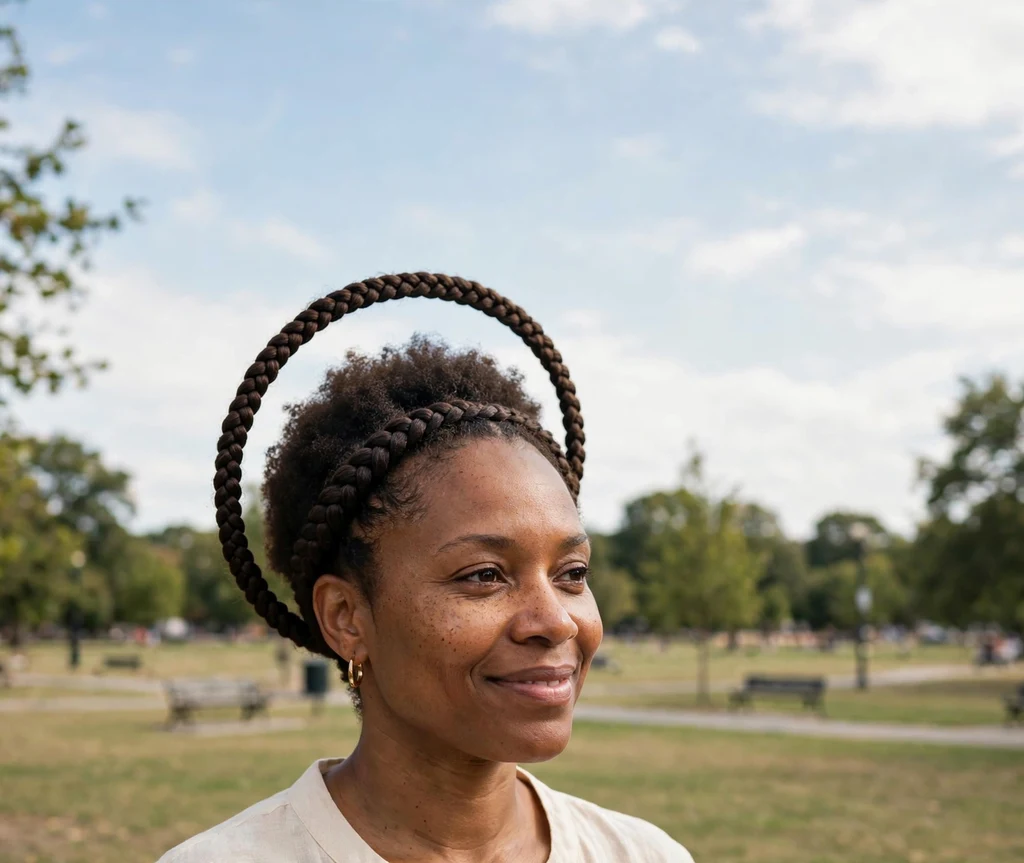 Black woman with a halo braid encircling a short natural afro