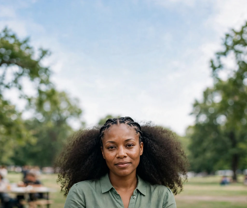 Black woman with cornrows at the front flowing into a short afro