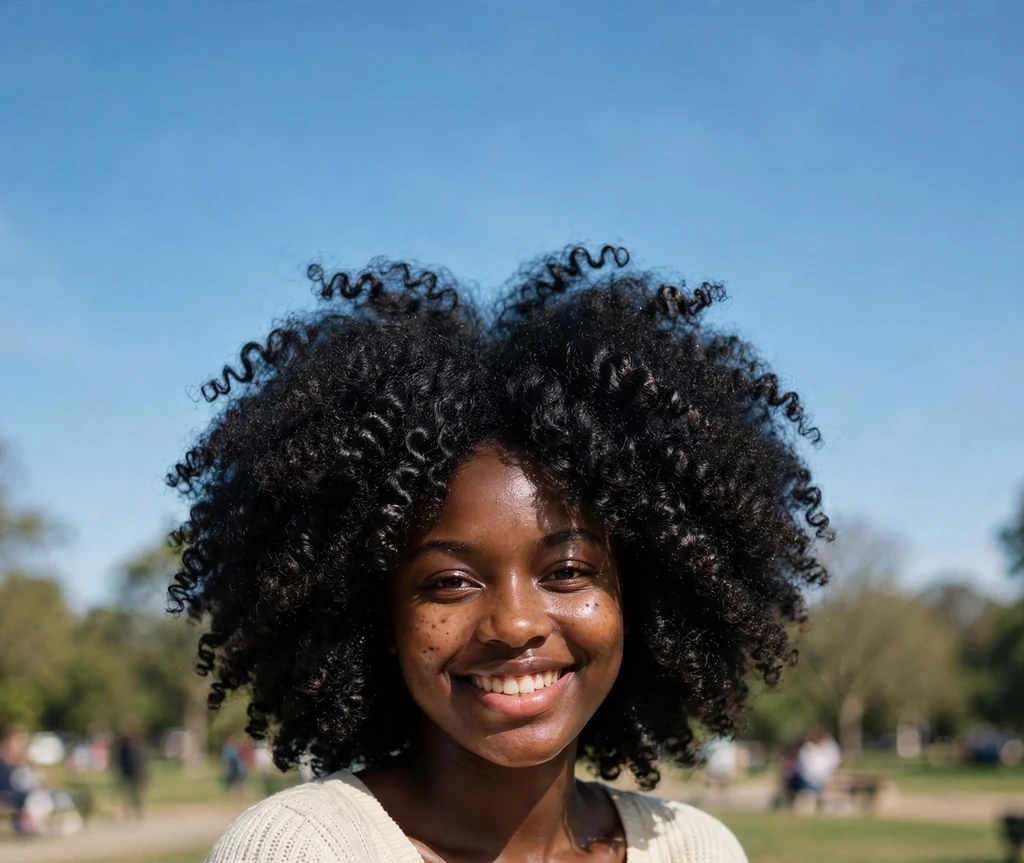 Black woman with a lustrous oiled short afro, light-reflecting coils