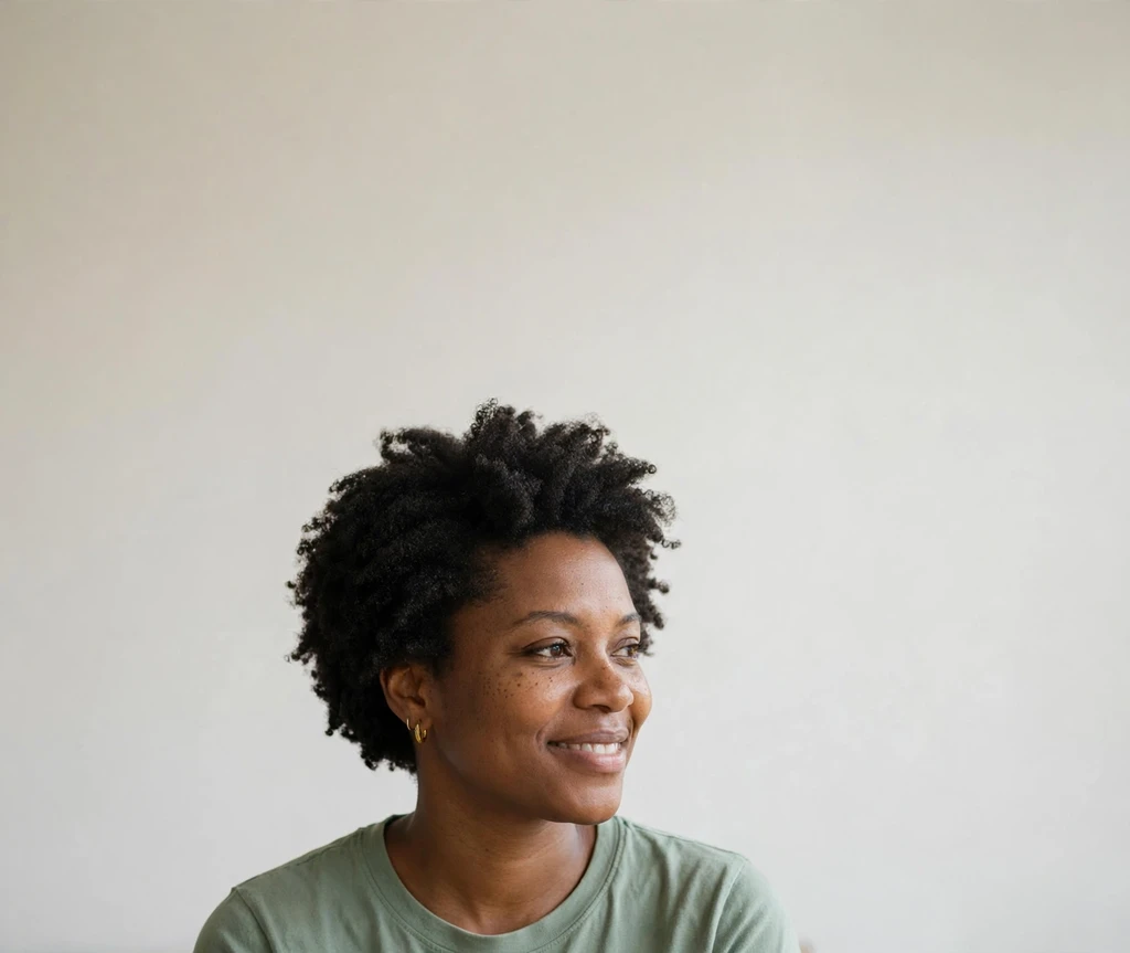 Black woman with a hydrated short afro styled with the LCO method