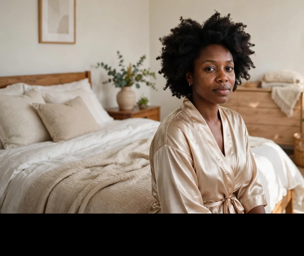 Black woman with a fresh morning afro after satin-scarf nighttime protection