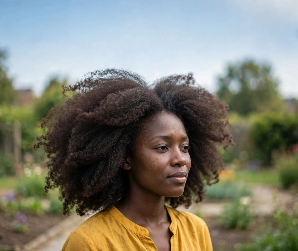 Black woman with a stretched blown-out short fro, soft big texture