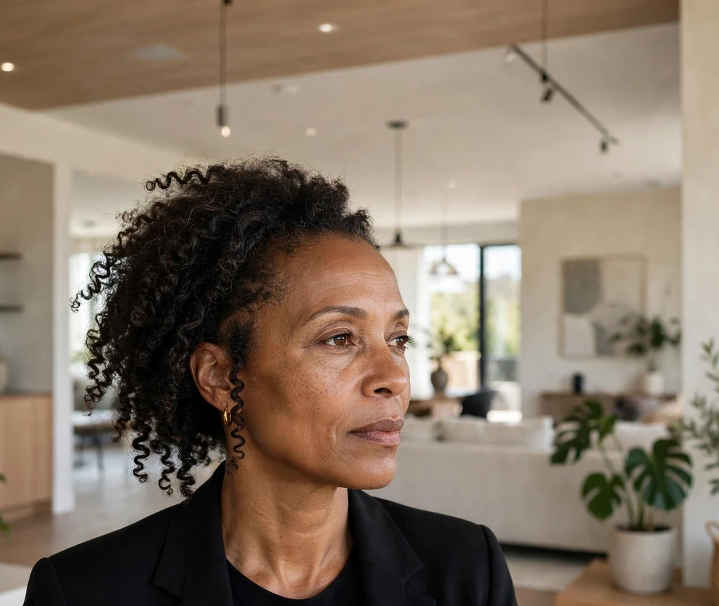 Black woman with an asymmetrical short afro, longer on one side
