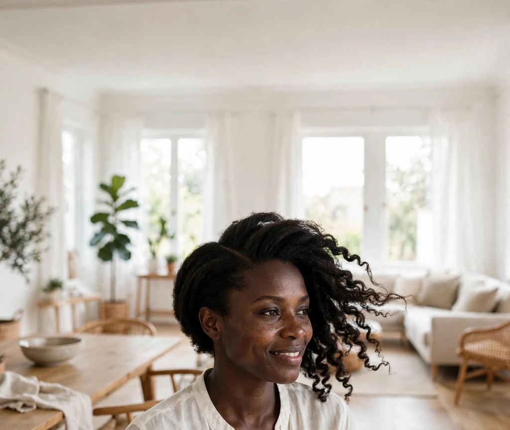Black woman with a short afro swept dramatically to one side