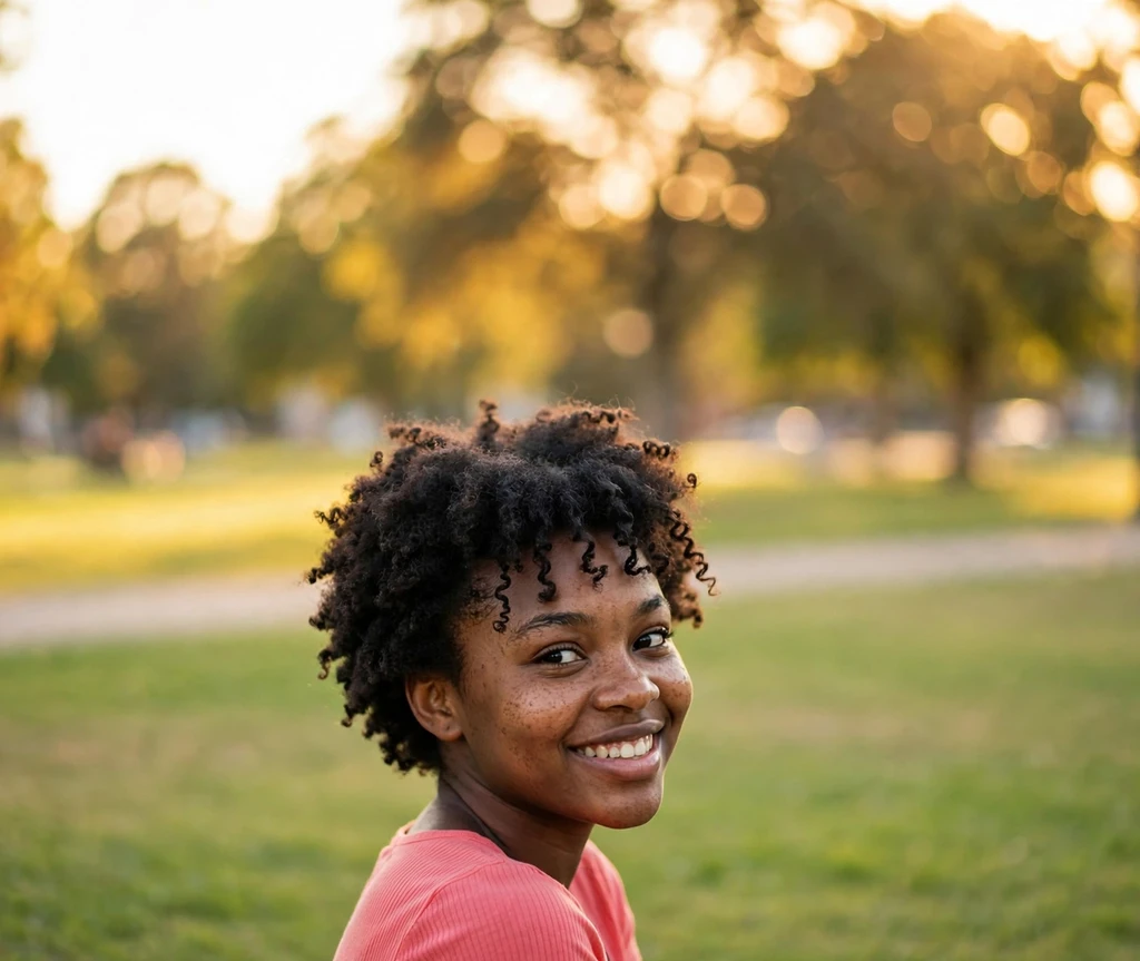 Black woman with a short afro featuring curly bangs framing the forehead