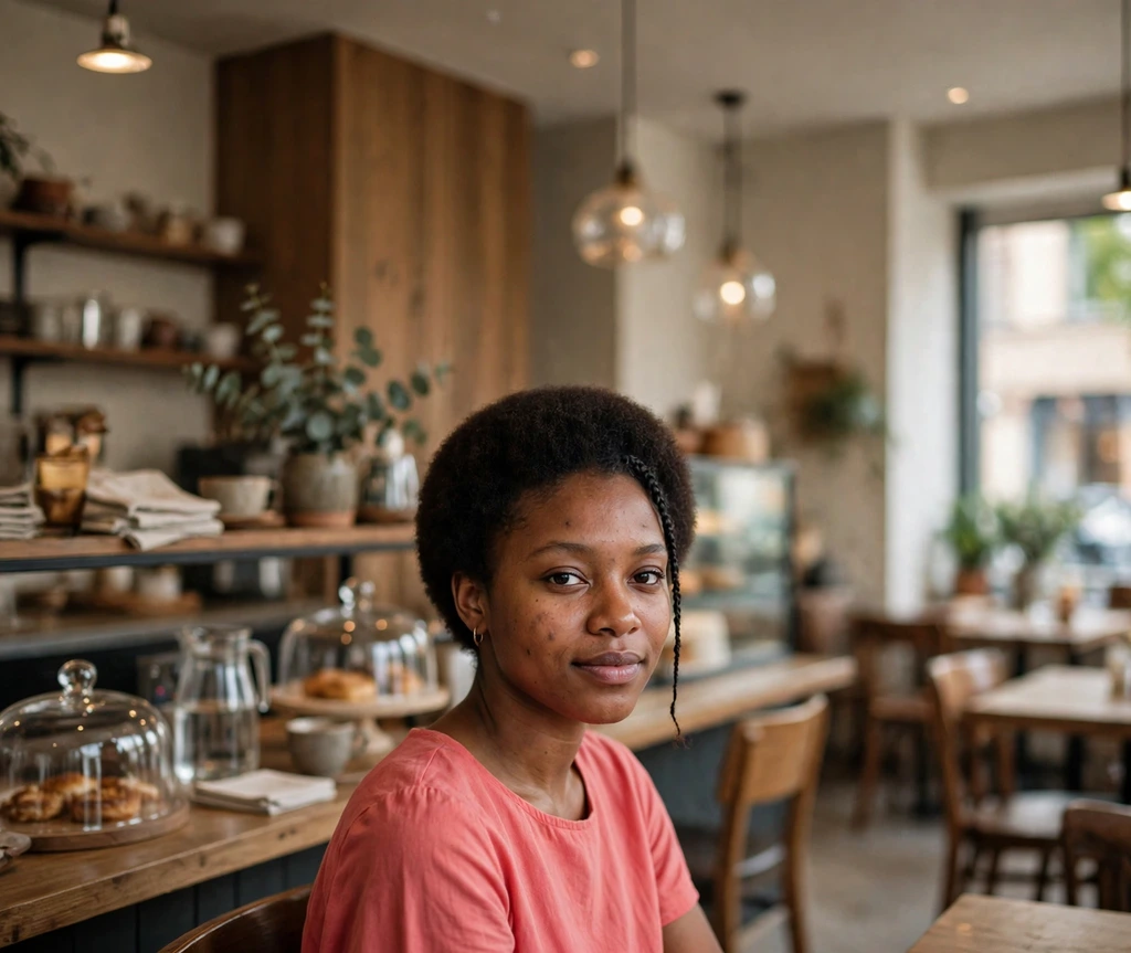 Black woman with a short afro featuring a single braided accent