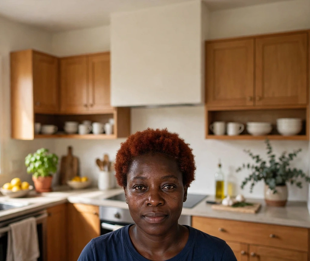Black woman with an auburn red tinted short natural afro