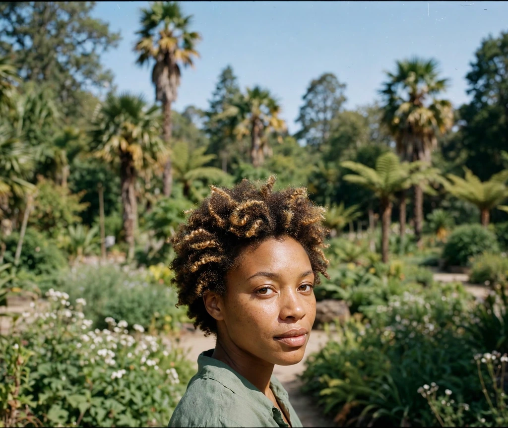 Black woman with a short afro featuring honey-blonde highlights