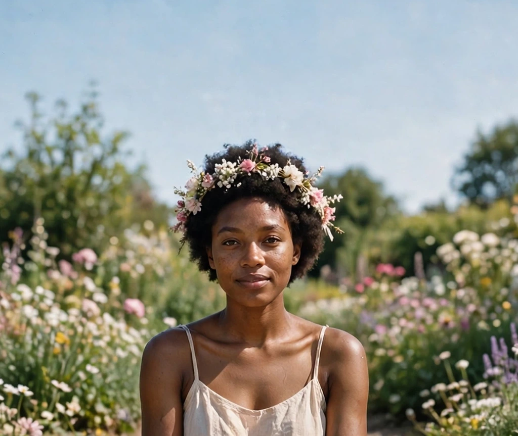 Black woman with a short natural afro adorned with a flower crown