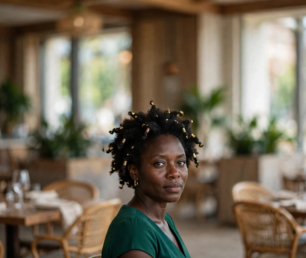 Black woman with a short afro decorated with gold hair cuffs