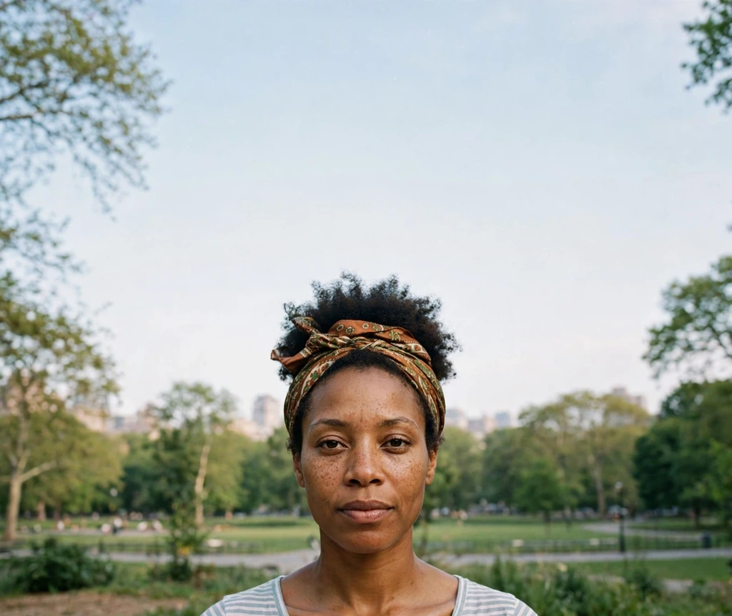 Black woman with a silk scarf wrapped at the base of a short afro