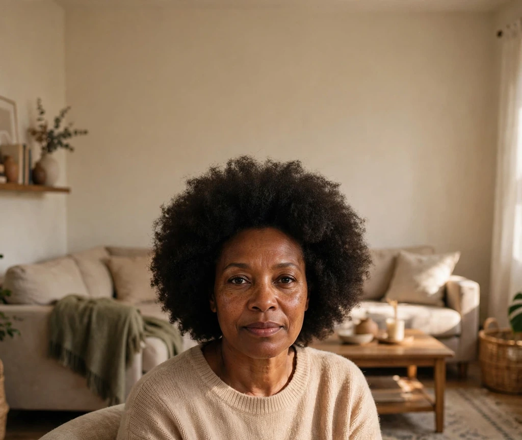 Black woman with a grow-out short afro, healthy length and fullness