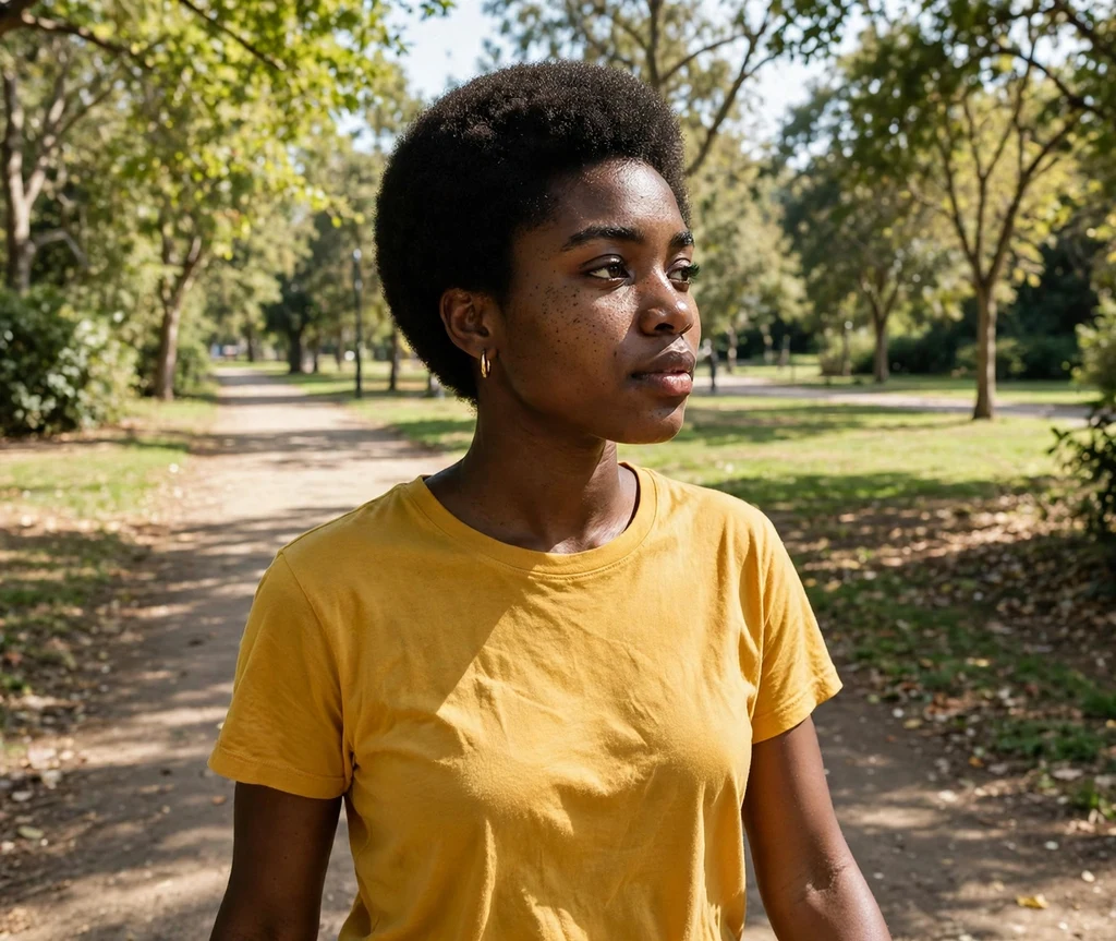 Black woman with a classic teeny weeny afro on a sunlit park path