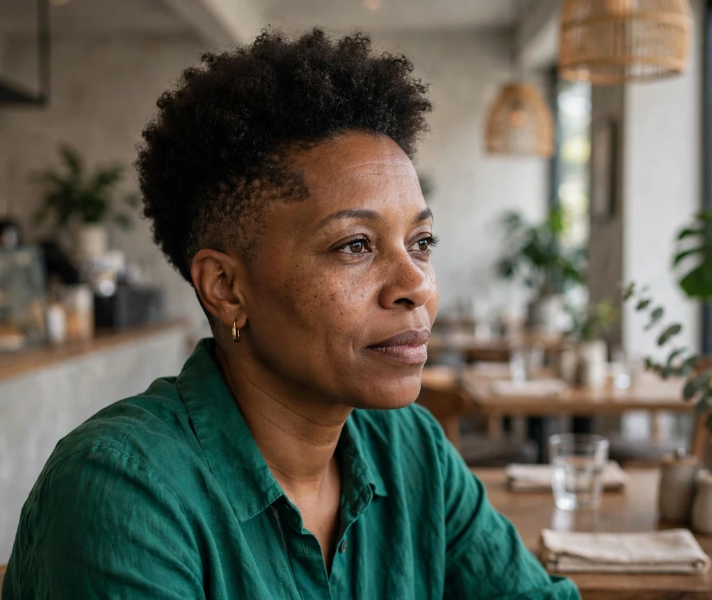 Black woman with a sculpted tapered natural in a modern cafe