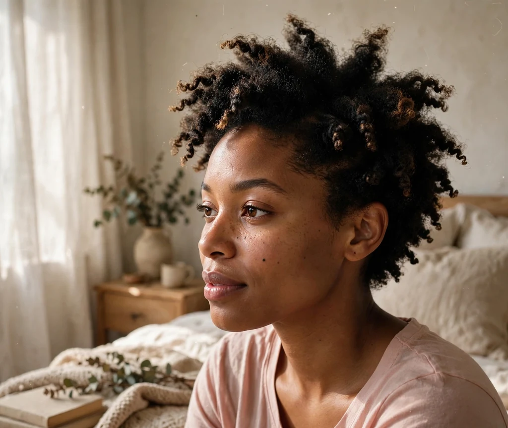 Black woman with a soft short twist-out in soft morning light