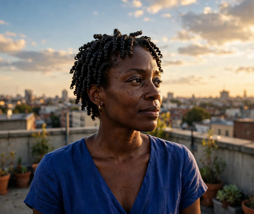 Black woman with glossy defined finger coils at golden hour