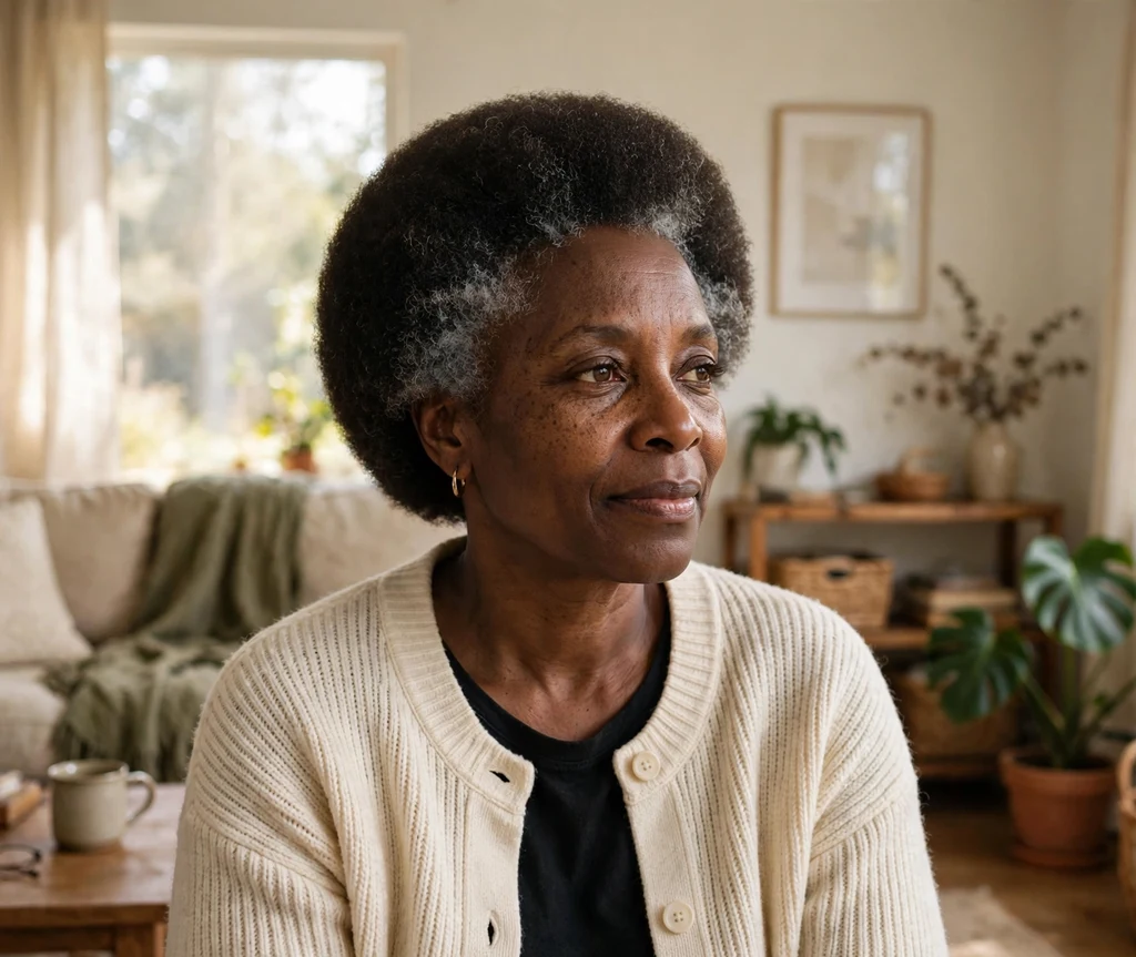 Black woman with a perfectly rounded short afro at home
