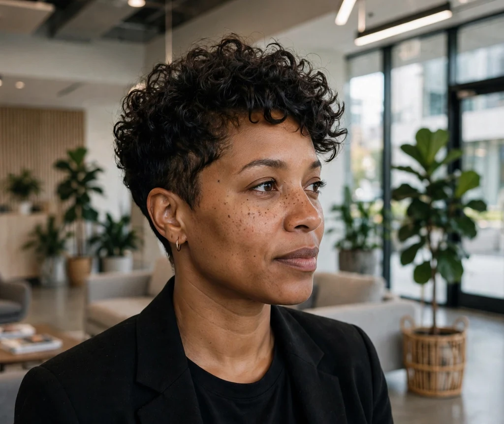 Black woman with a voluminous curly pixie in an office lobby