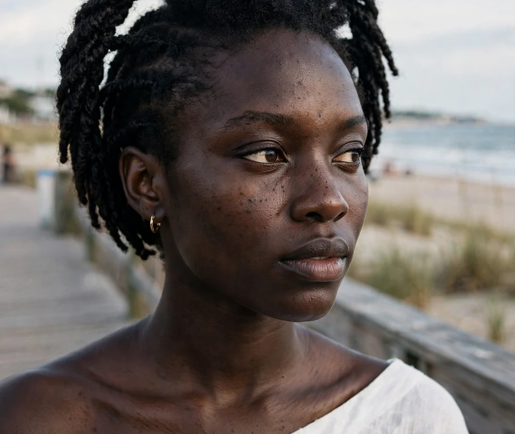 Black woman with a flat twist halo crown on a beach boardwalk