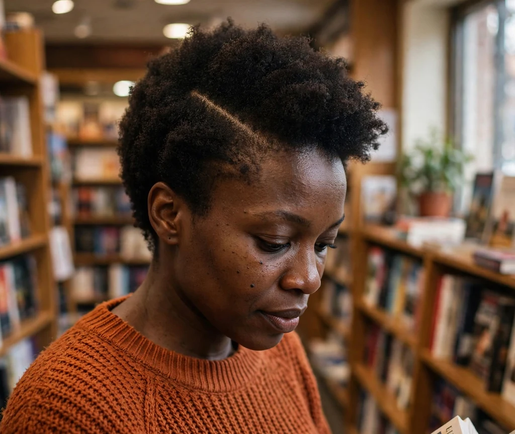 Black woman with a side-parted tapered fro in a bookstore