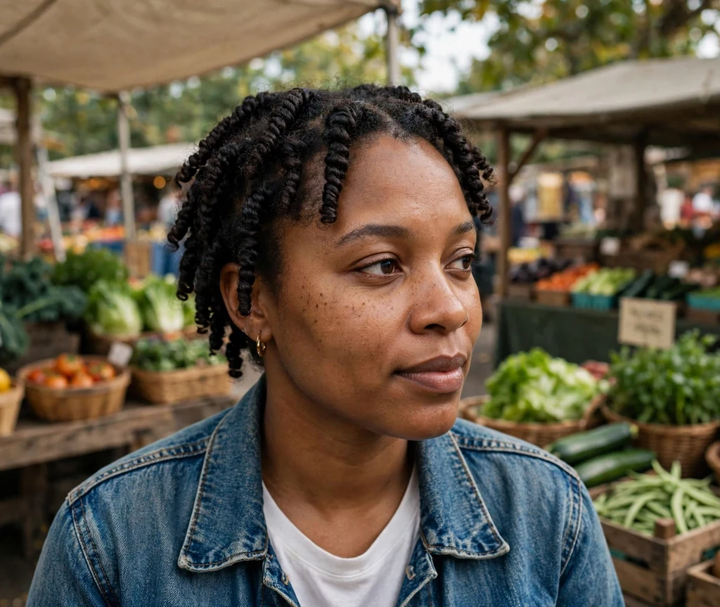Black woman with a neat short comb coil set at a farmers market