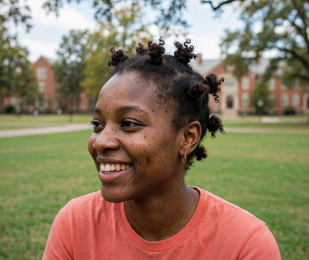 Black woman with a short bantu knot-out on a college campus