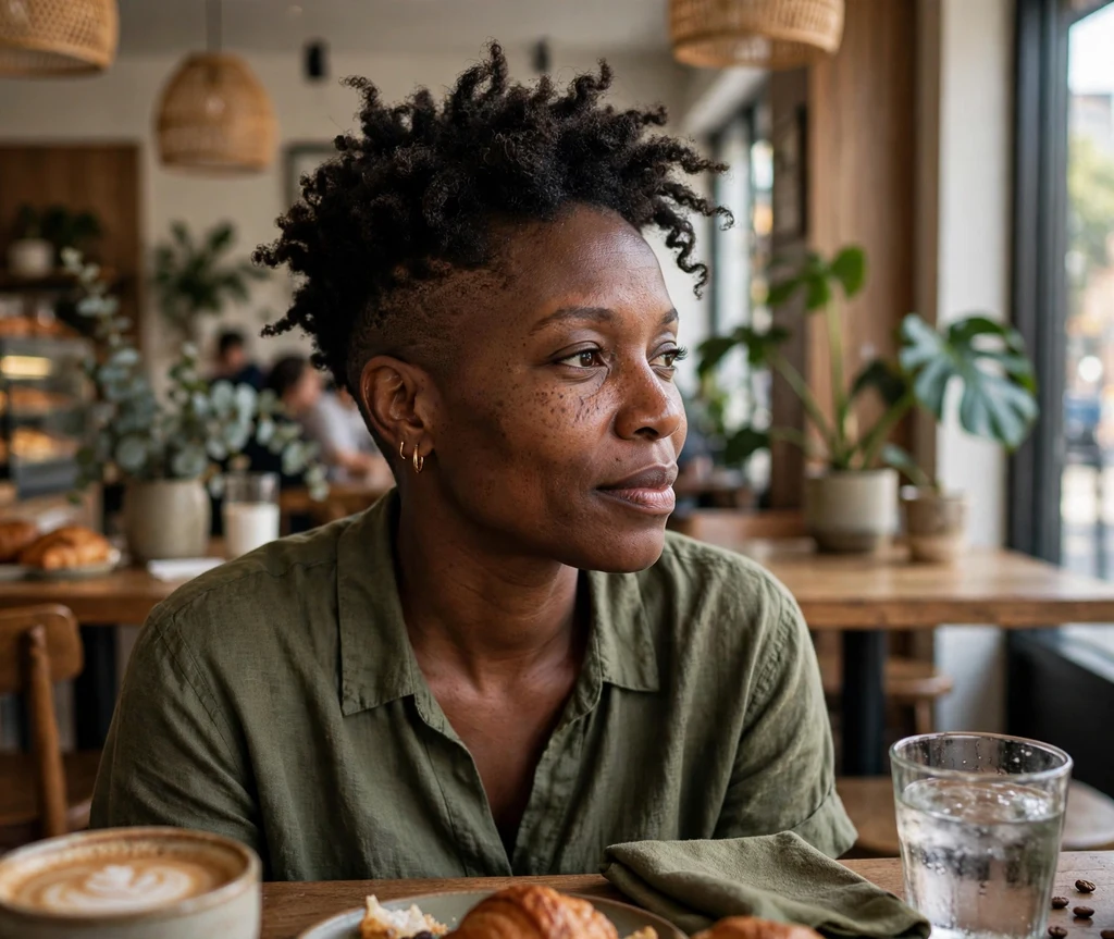 Black woman with tapered sides and a textured top at a coffee shop