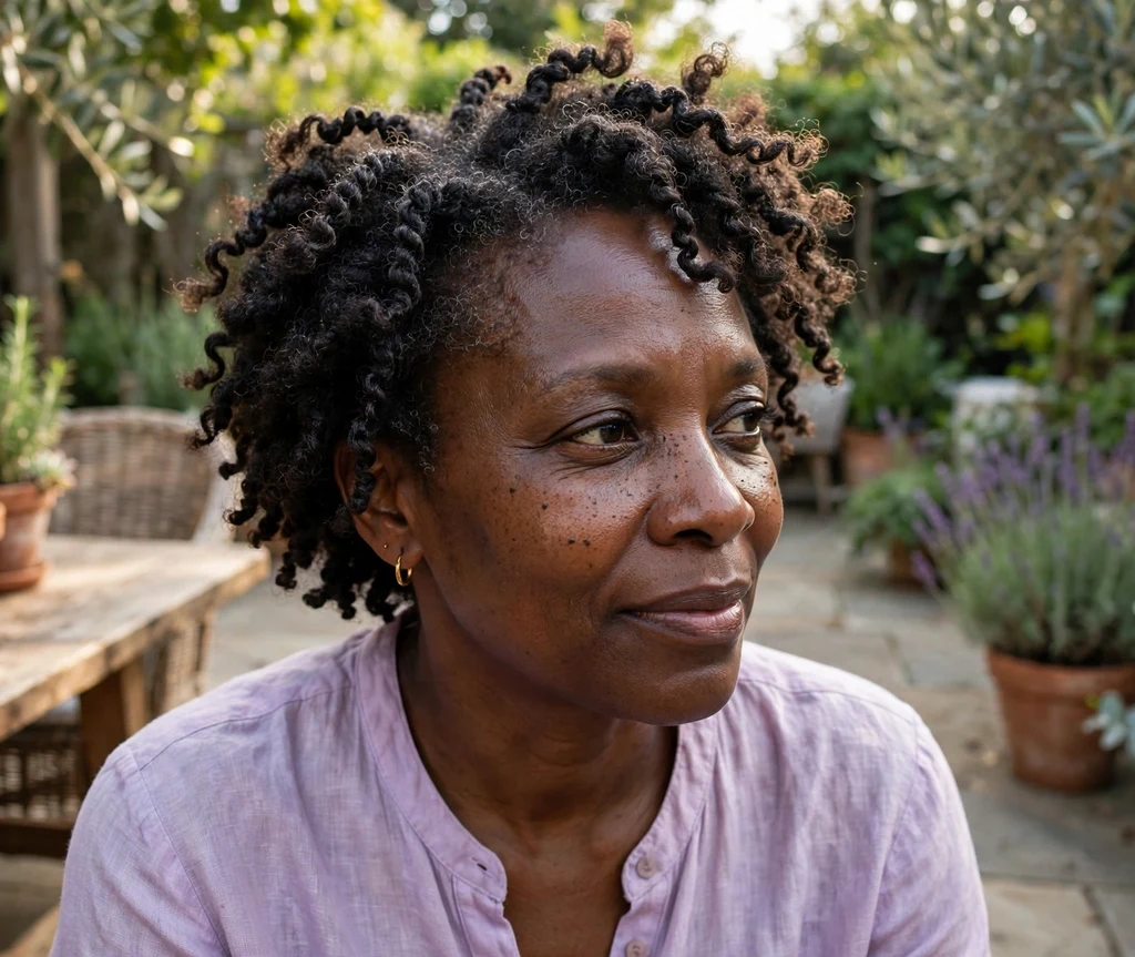 Black woman with a mini two-strand twist-out in a garden