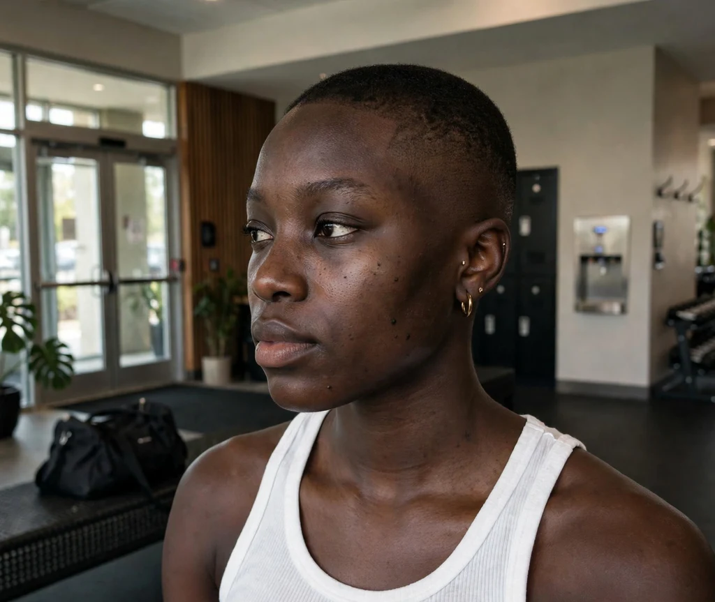 Black woman with a buzz cut and tapered fade at a gym