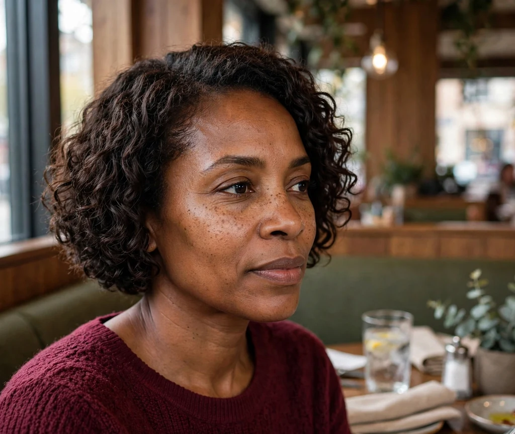 Black woman with a curly tapered mini bob in a restaurant