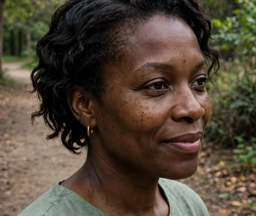 Black woman with a short braid-out on a park trail