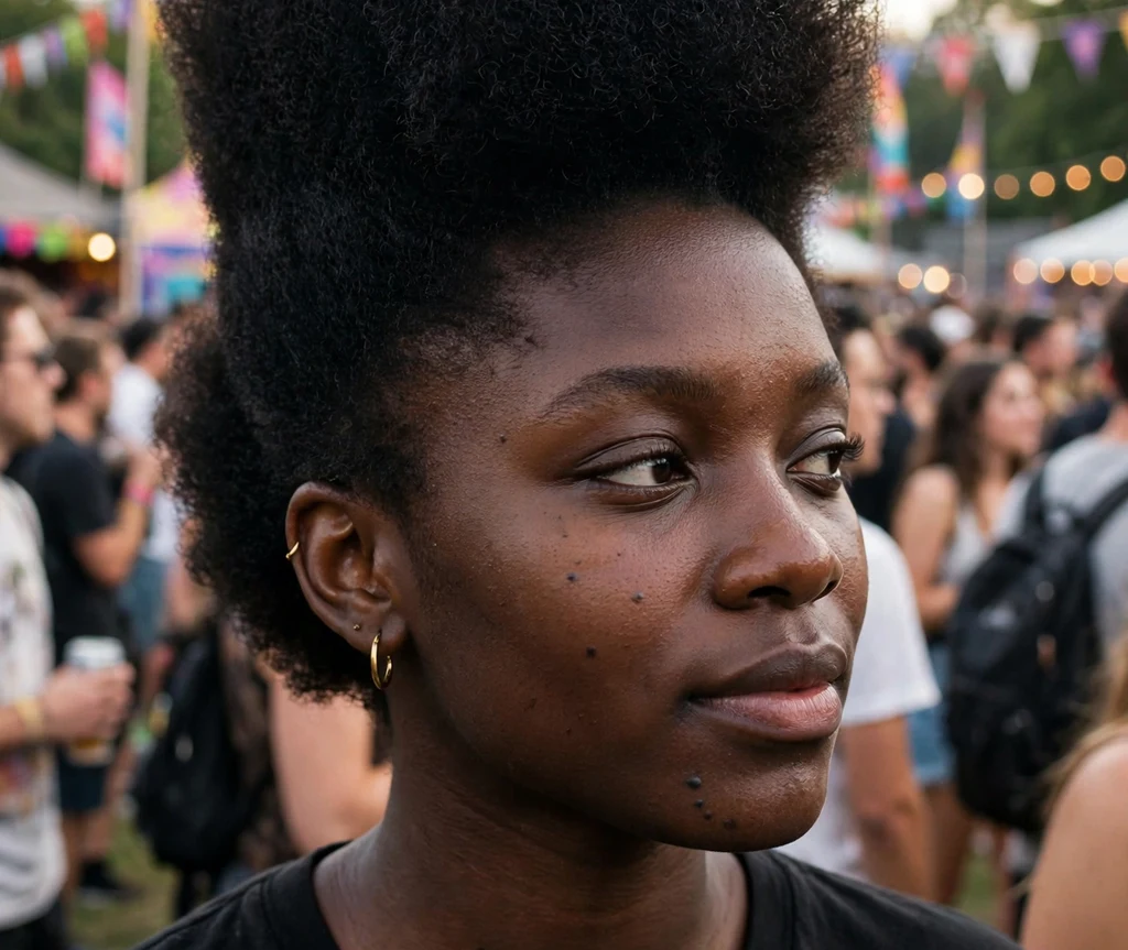 Black woman with a high-top tapered fro at a music festival