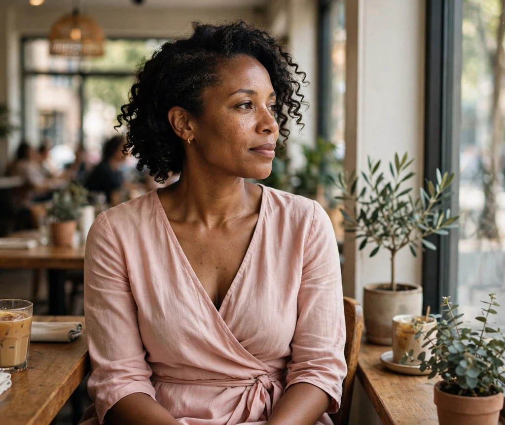 Black woman with side-swept short curls at a cafe