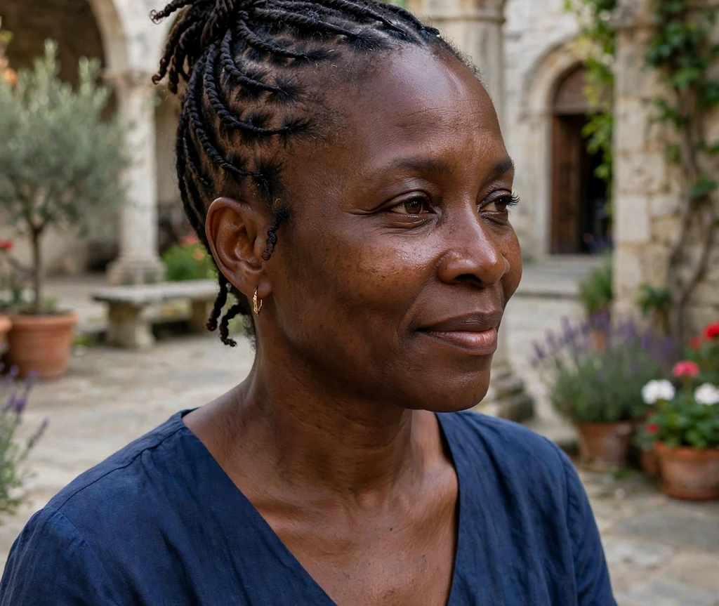 Black woman with a short flat twist updo in a church courtyard