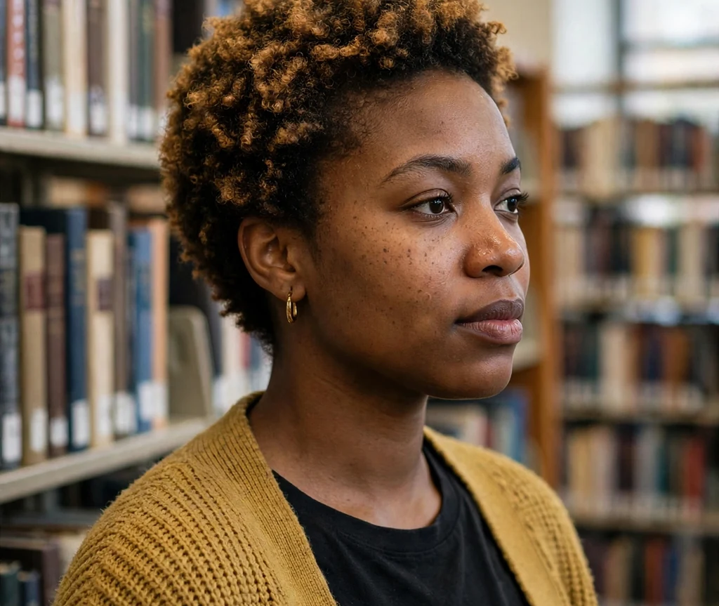 Black woman with a honey-tinted TWA in a library
