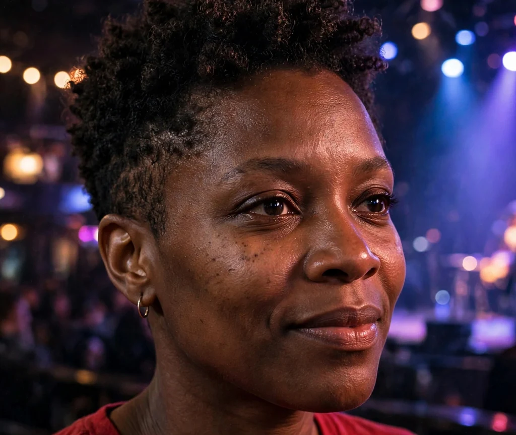 Black woman with a short coily frohawk at a concert