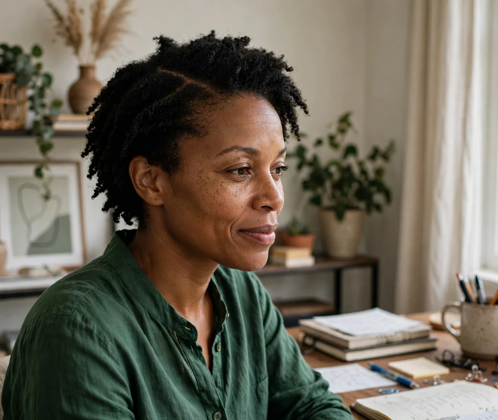 Black woman with a short twist-out and deep side part at a home office desk