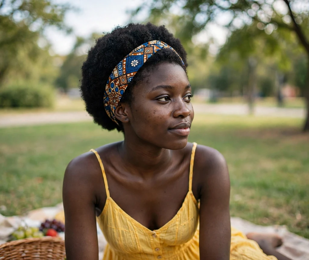 Black woman with a short afro and patterned headband at a picnic