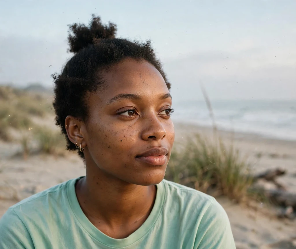 Black woman with a petite afro puff at the beach