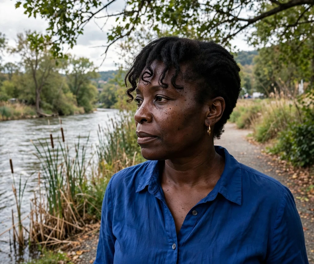 Black woman with a tapered cut and soft bangs on a riverside walk