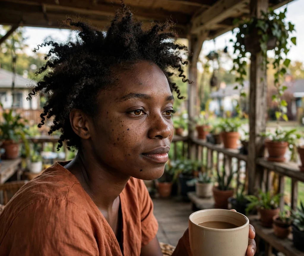 Black woman with short coil-out texture on a porch