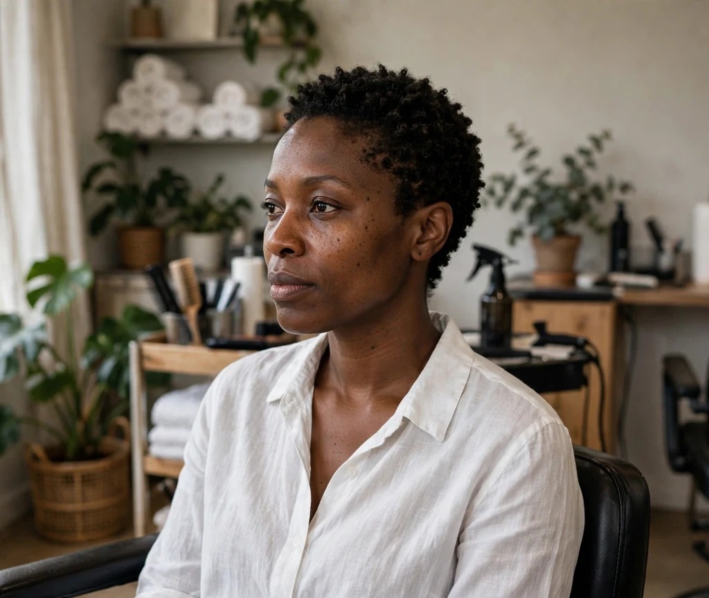 Black woman with a defined sponge-curl TWA in a salon chair