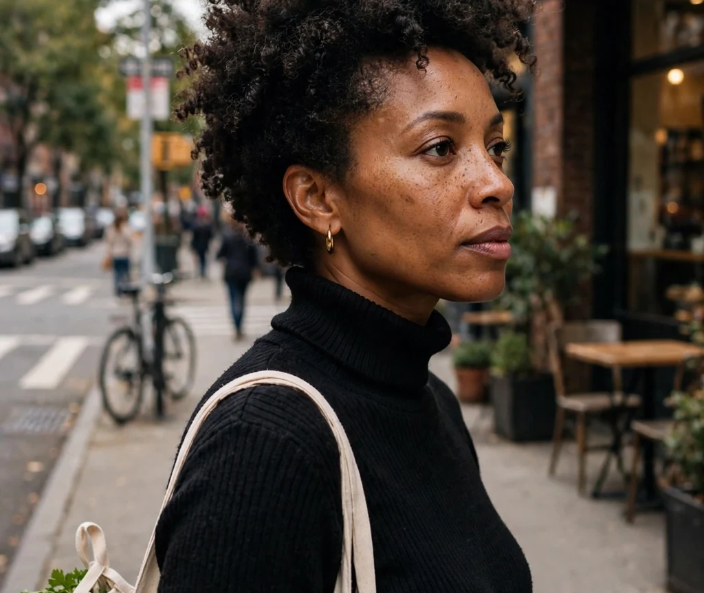 Black woman with a voluminous curly short crop on a city street
