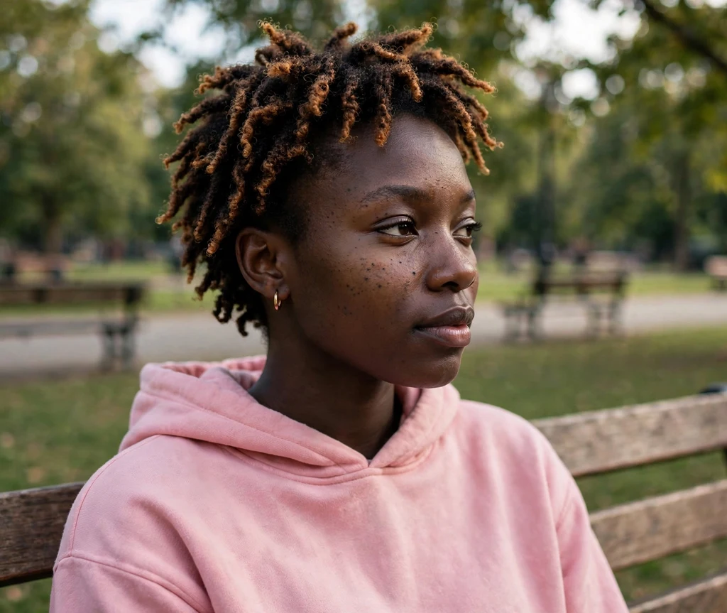 Black woman with a caramel-highlighted twist-out on a park bench